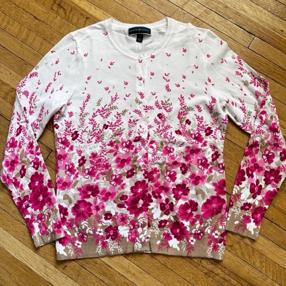 Karen Scott NWOT Floral Cardigan Sweater Size S Spring Pink/Tan Classic